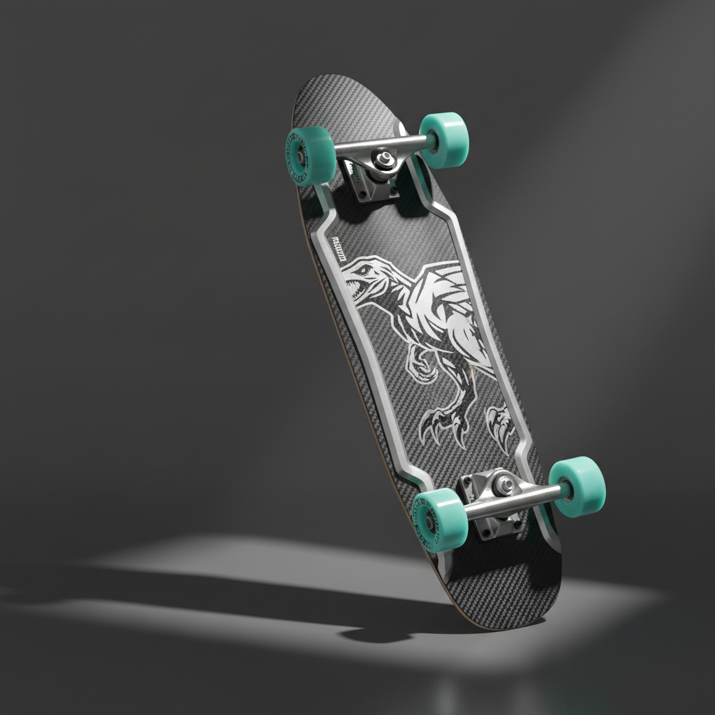 A high-performance Raptor skateboard with precision-cut aluminum trucks and luminous teal wheels, perfectly balanced on a sleek, matte-black reflective surface. The background is a deep charcoal with no distractions, maximizing the visual punch of the skateboard’s energetic form. Harsh, directional studio lighting slices across the scene from the right, creating dramatic highlights along the metal and rubber, while casting defined, angular shadows across the background. The mood is unapologetically bold and modern, captured with an elevated angle and sharp clarity for a minimalist, impactful aesthetic suitable for the brand's passionate drive.