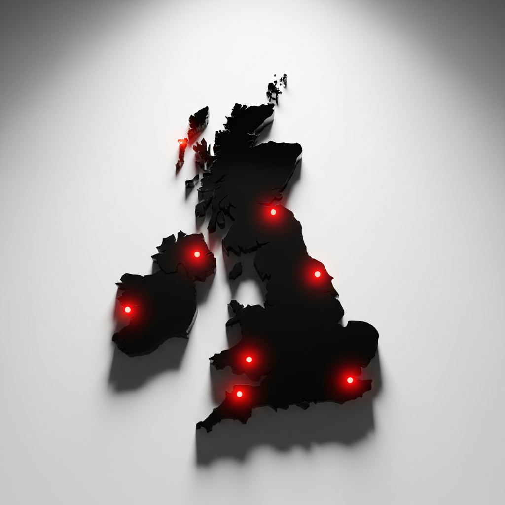 A minimalist composition featuring a single, stylized map of the UK rendered in jet-black acrylic, with key roadshow locations marked by vivid, glowing red dots. The map floats against a smooth, ultra-white background with no added elements to distract. A spotlight from above creates intense directional lighting, casting precise shadows beneath the raised map and highlighting each roadshow point. The image conveys anticipation and excitement for the event, using a top-down, bird’s eye view with photographic sharpness and a visually arresting, bold mood that perfectly aligns with the high-energy nature of the brand.