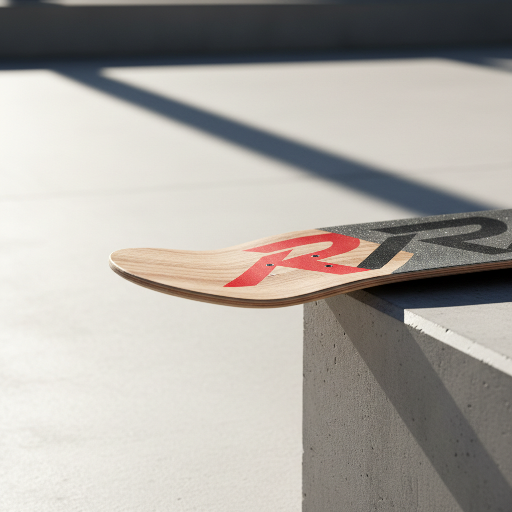 A high-detail, minimalist shot of a skateboard’s tail end poised for action on the edge of a smooth, urban concrete ledge. The board’s underside features a striking, sharp-edged Raptor logo in matte red and black against the raw natural wood grain. Crisp, low-angle, directional sunlight from the left produces hard-edged shadows that stretch across the pale, empty ground. The atmosphere is tense and energetic, with the bold brand color scheme and extreme clarity reinforcing Scaters’ identity. The composition uses a shallow depth of field for heightened visual drama within a photographic, modern style.