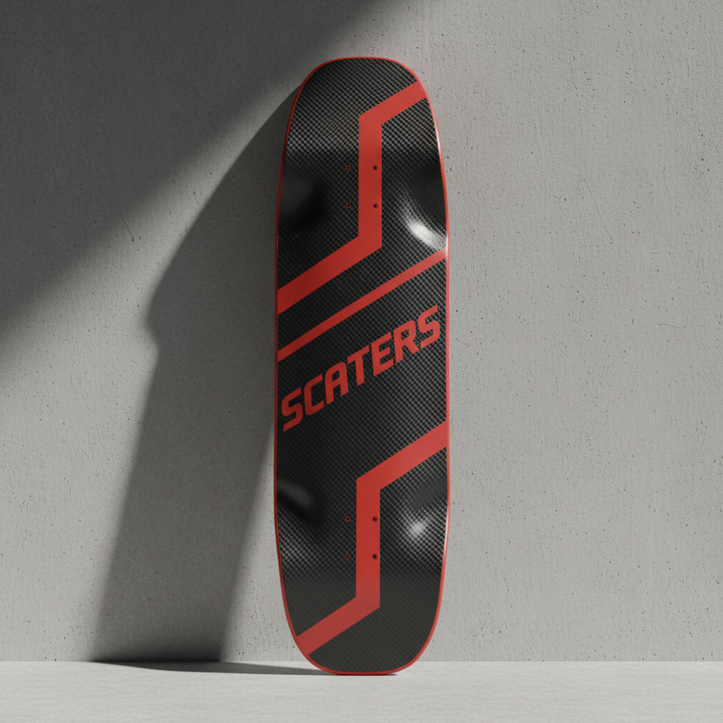A close-up view of a cutting-edge skateboard deck, crafted from sleek black carbon fiber with bold matte red accents and embossed Scaters branding. The board is propped upright against a minimalist concrete wall, the surface flawless and uncluttered, emphasizing the board's striking lines and innovative design. A single beam of sharp, directional lighting casts crisp, dynamic shadows along the board's contours, highlighting its texture and engineering. The mood is powerful and energetic, affirming the board's top-tier status. Shot from a slightly low, centered angle in sharp focus for photographic realism, this image anchors the brand as bold and performance-driven.
