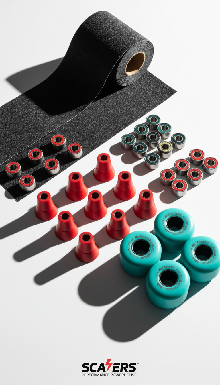 A dynamic arrangement of premium skateboard components—sinister black grip tape rolls, precision-cut red bushings, high-grade steel bearings, and a set of vivid teal wheels—laid out with geometric precision on a flawless, bright white surface. Intense, side-on lighting cuts across the image, etching sharp, angular shadows and accentuating each material’s unique texture and finish. The shot is composed from a slightly elevated, off-center perspective, emphasizing the components’ quality and the brand’s technical excellence. The overall effect is clean, modern, and resolutely bold, supporting Scaters’ identity as a performance powerhouse.